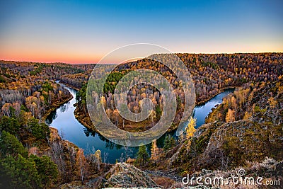 Katun river in Altai mountains in the autumn at sunset Stock Photo