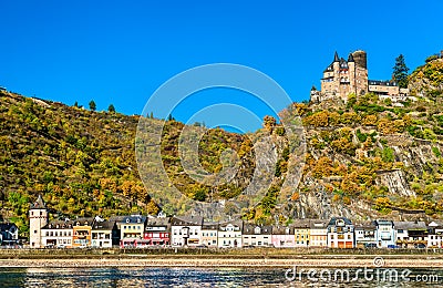 Katz Castle above Sankt Goarshausen town in the Rhine Gorge, Germany Editorial Stock Photo