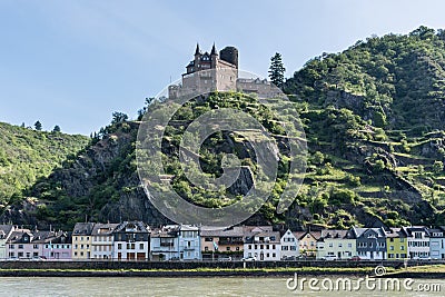 The Katz Castle ( or Burg Katz) situated on a ledge of rock overlooking the river Rhine, in Germany Stock Photo