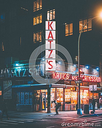 Katzs Delicatessen at night, in the Lower East Side, Manhattan, New York City Editorial Stock Photo