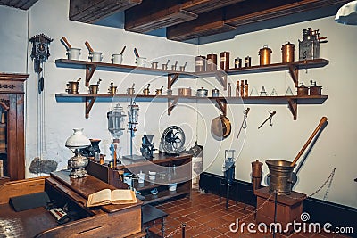 Kaunas, Lithuania - May 12, 2017: drugs and laboratory equipment in Museum of Medicine. Editorial Stock Photo