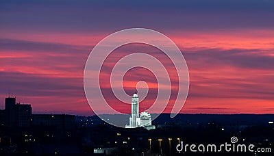 Kaunas our Lord Jesus Christs Resurrection Basilica. With a sunset in horizon. It is the largest basilical church in the Baltic Stock Photo