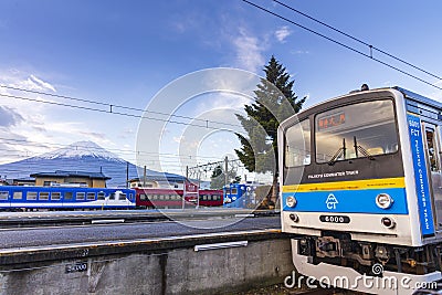 Kawaguchiko, Japan, 22 Nov. 2016 : Fuji train , Fujikyu Railway and locus train parking at Kawaguchiko Station and Mount Fuji Editorial Stock Photo