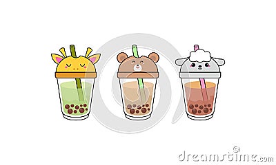 Kawai Cute Bubble Tea with Cup Animal Faces Vector Illustration