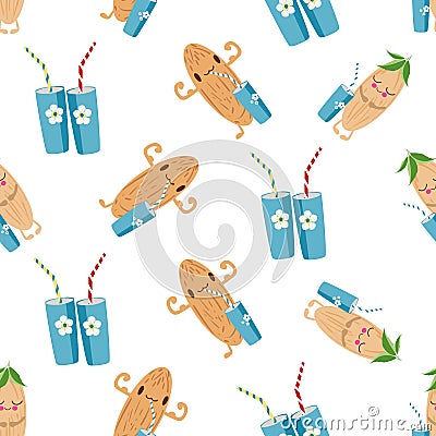 Kawaii almond milk vector seamless pattern background. Cute muscle flexing nut cartoon characters, drinking glasses on Vector Illustration