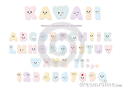 Kawaii alphabet in pastel colors with funny smiling faces. For birthday greeting cards, party invitation, kids design. Vector Illustration