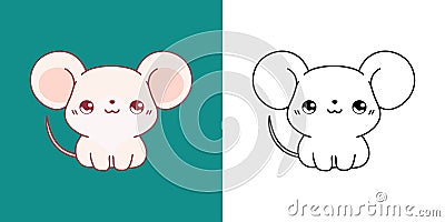 Kawaii Baby Rat Clipart Multicolored and Black and White. Cute Kawaii Mouse. Isolated Vector Illustration of a Kawaii Vector Illustration