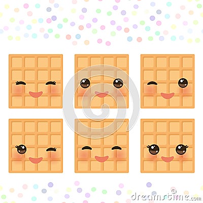 Kawaii Belgium square waffles set with pink cheeks and winking eyes, pastel colors on white background. Vector Vector Illustration