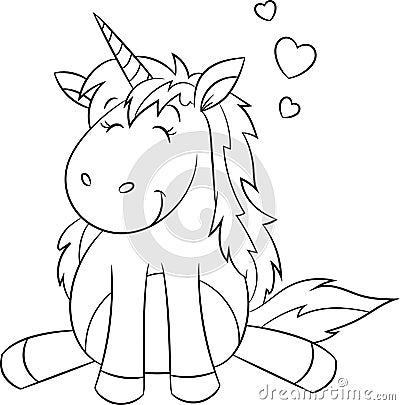 Kawaii black and white illustration of a unicorn, with hearts, contour, for children`s coloring book, or Valentine`s Day card Vector Illustration