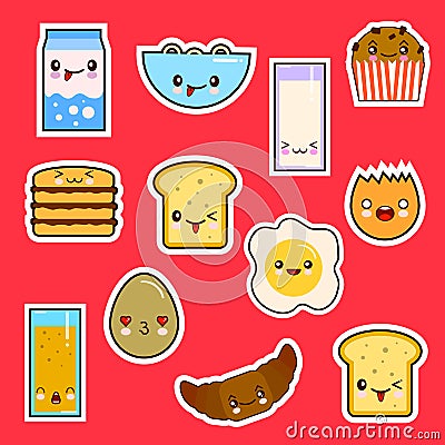 Kawaii Breakfast Food Set Cute faces emotion. Vector Illustration