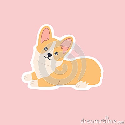 Kawaii breed corgi welsh sticker, lying happy little doggy Vector Illustration