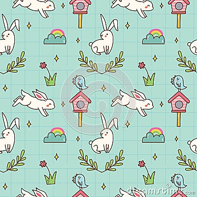 Kawaii bunny and bird seamless pattern Stock Photo
