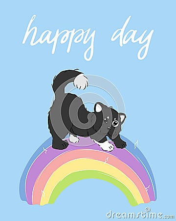 Kawaii cartoon cat on rainbow on sky blue background, cute furry animal card with handwritten slogan, editable vector illustration Vector Illustration