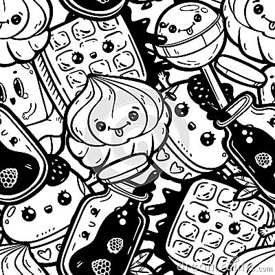 Kawaii cartoon style doodle characters, funny seamless pattern. Emoticon face icon. Hand drawn black ink illustration isolated on Cartoon Illustration