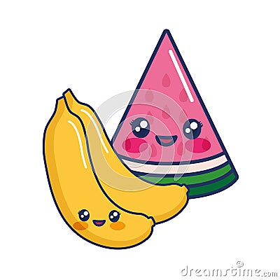 kawaii cartoon watermelon and bananas friut tropical Cartoon Illustration