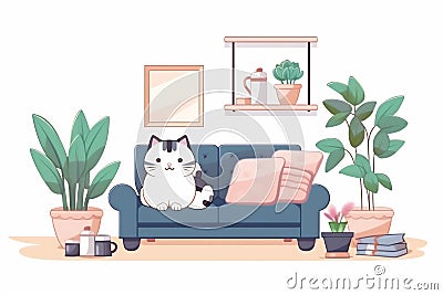 Kawaii cat sitting in the livingroom. 2d illustration. Soft pastel colors image Cartoon Illustration