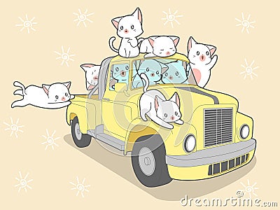 Kawaii cats with car in summer holiday Vector Illustration