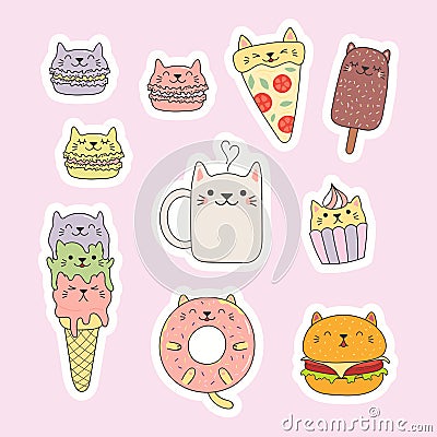 Kawaii cats food stickers set Vector Illustration