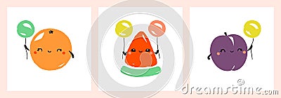 Kawaii characters of orange, watermelon and plum.Cute happy fruits with multicolored balloons. Vector illustration Vector Illustration