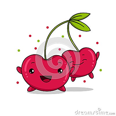 Kawaii Cherry fun cartoon vector illustration, cute summer berry smiling for logo, poster, banner, logo, icon, textile Vector Illustration