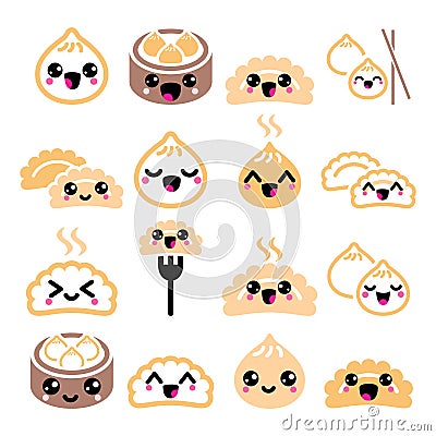 Kawaii Chinese dumplings, cute Asian food Dim Sum vector icons set Vector Illustration