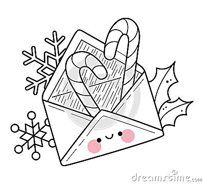 Kawaii Christmas envelope with sweets coloring page for kids. Cartoon vector illustration Vector Illustration