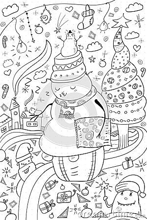 Kawaii Christmas, Holiday illustration Snowman, Santa Claus, Christmas tree, Zentangle Doodling patterns for Coloring page or book Vector Illustration