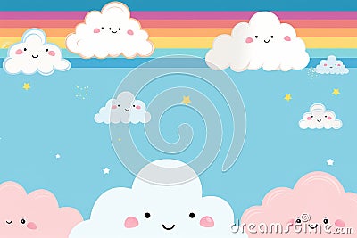 kawaii cloud background with rainbow and stars Stock Photo