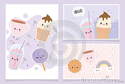 Kawaii coffee cup ice cream lollipop cookie rainbow fast food cartoon cards Vector Illustration