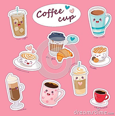 Kawaii Coffee Cups with Different Hot Drinks. Vector Illustration