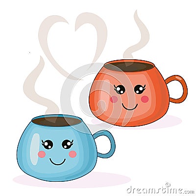 Vector cute kawaii illustration with blue and orange coffee cups/ Vector Illustration