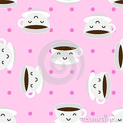 Kawaii coffee cups seamless pattern Cartoon Illustration
