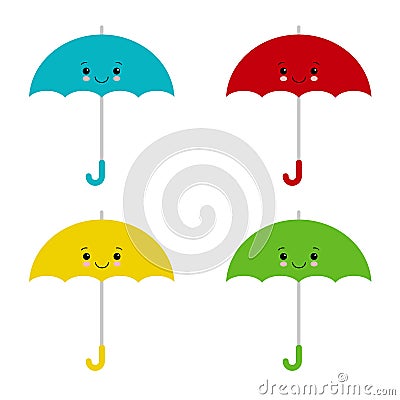 Kawaii Colored umbrellas. Vector illustration, flat cartoon style. Cute parasol Cartoon Illustration