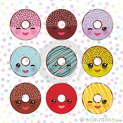 Kawaii colorful donut with pink cheeks and winking eyes, Sweet donuts set with icing and sprinkls isolated, banner design, card te Vector Illustration