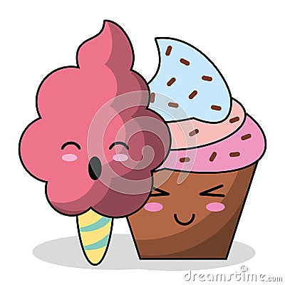Kawaii cupcake and cotton candy image Vector Illustration