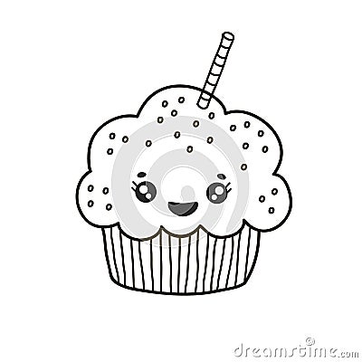 Kawaii cupcake. Vector illustration of a cupcake, cake. Linear illustration of a cupcake. Dessert drawing Cartoon Illustration