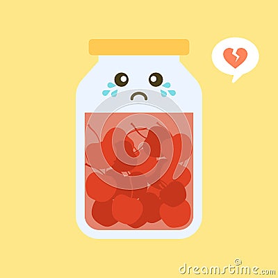 kawaii and cute cherry in jar. Canned fruits. Tinned goods product stuff, preserved food, supplied in a sealed can. Isolated. Vector Illustration