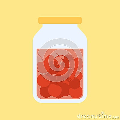 kawaii and cute cherry in jar. Canned fruits. Tinned goods product stuff, preserved food, supplied in a sealed can. Isolated. Vector Illustration