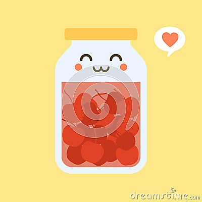 kawaii and cute cherry in jar. Canned fruits. Tinned goods product stuff, preserved food, supplied in a sealed can. Isolated. Vector Illustration