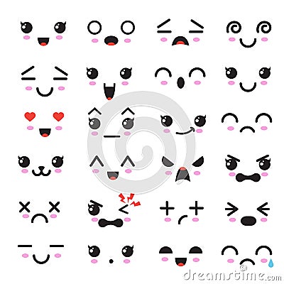 Kawaii cute faces. Manga style eyes and mouths. Funny cartoon japanese emoticon in in different expressions Vector Illustration