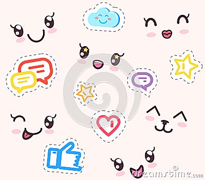 Kawaii cute faces and stickers set. Japanese manga style eyes and mouths, funny anime emotions Vector Illustration