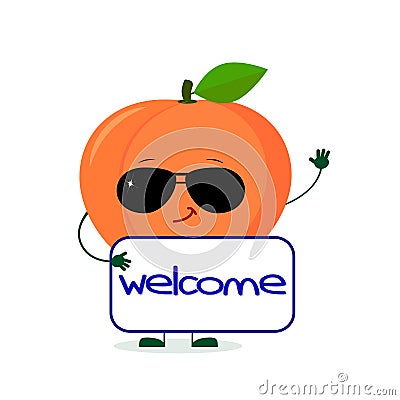 Kawaii cute peach fruit character in sunglasses keeps the signboard welcome. Logo, template, design. Vector illustration Vector Illustration