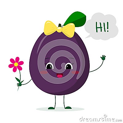 Kawaii cute plum purple fruit cartoon character with a pink bow holding a flower and welcomes. Logo, template, design. Vector Vector Illustration