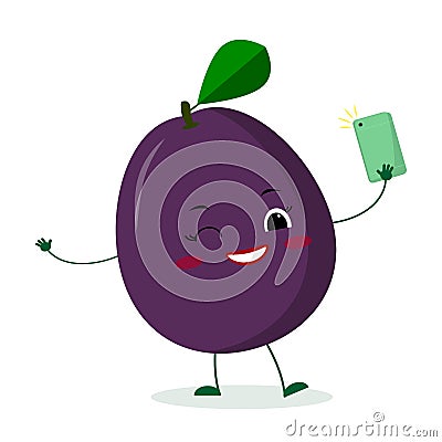 Kawaii cute purple plum fruit cartoon character with a smartphone and does selfie. Logo, template, design. Vector illustration, a Vector Illustration