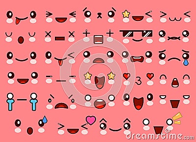 Kawaii cute smile emoticons and Japanese anime emoji faces expressions. Vector cartoon style comic sketch icons set Vector Illustration