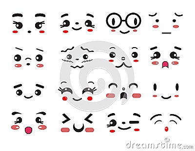 Kawaii cute smile emoticons and japanese anime emoji Vector Illustration