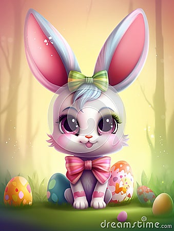 Kawaii cute white easter bunny girl with big pink ears and easter eggs in the forest Cartoon Illustration