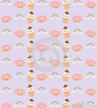 Kawaii donuts ice cream rainbow fast food cartoon backgroud decoration Vector Illustration