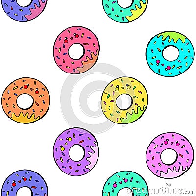 Kawaii donuts seamless pattern. Vector illustration isolated on white background Cartoon Illustration