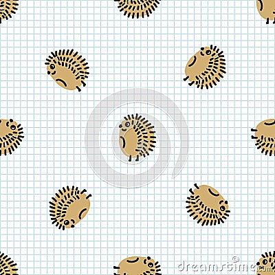 Kawaii doodle forest hedgehog seamless vector pattern. Hand drawn spined wild garden animal background. Prickly wildlife Vector Illustration